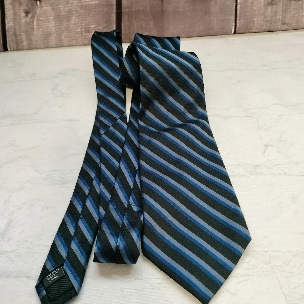 Bellissima Cravatte Rep Black Blue Striped Silk Cashmere Men’s Necktie Tie